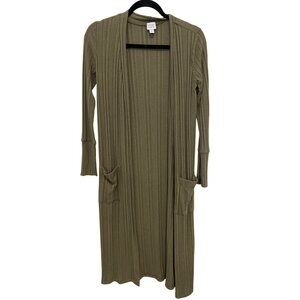 Peyton Jensen Ribbed Duster Cardigan Size XS Open Front Long Sleeve Olive Green